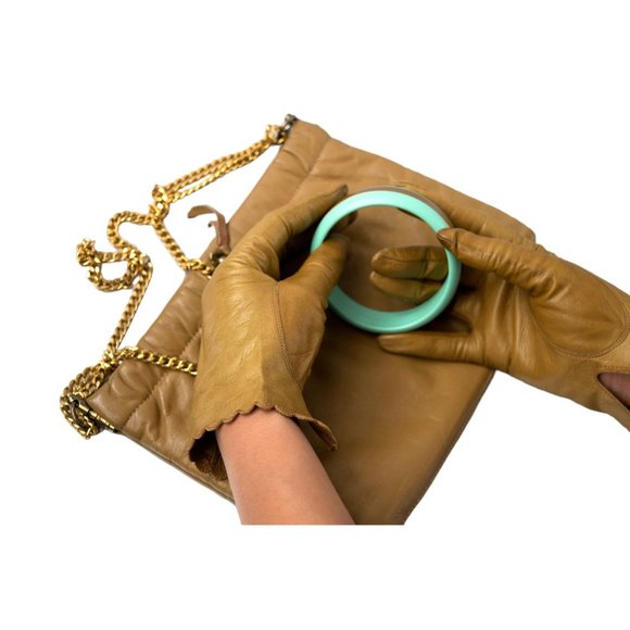 Cool Tan Leather Set Gloves and Handbag Vintage Accessories Set - Picture 1 of 11